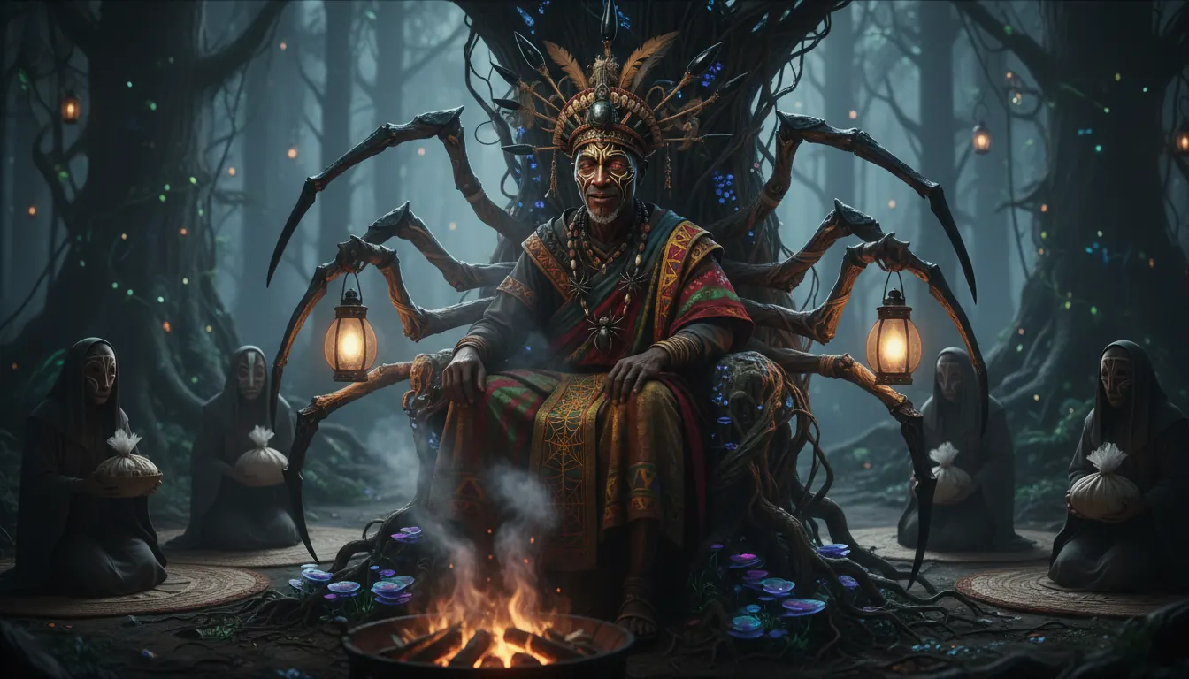 Traditional African artwork depicting Anansi the spider trickster god in ceremonial setting