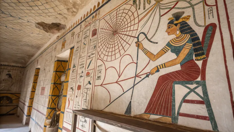 Ancient Egyptian wall painting depicting Neith goddess with weaving spindle surrounded by spider web patterns