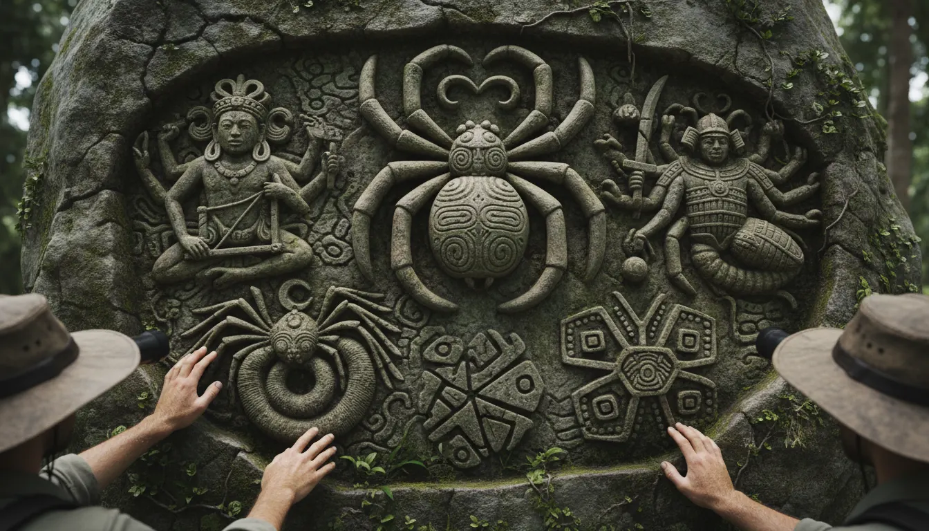 Ancient carved stone relief depicting spider deity symbols from various world cultures