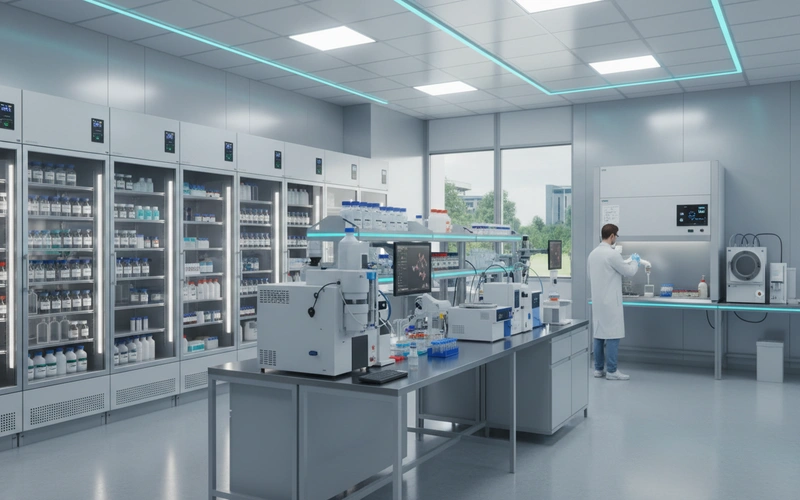 Modern antivenom research laboratory with venom analysis equipment and refrigerated storage units