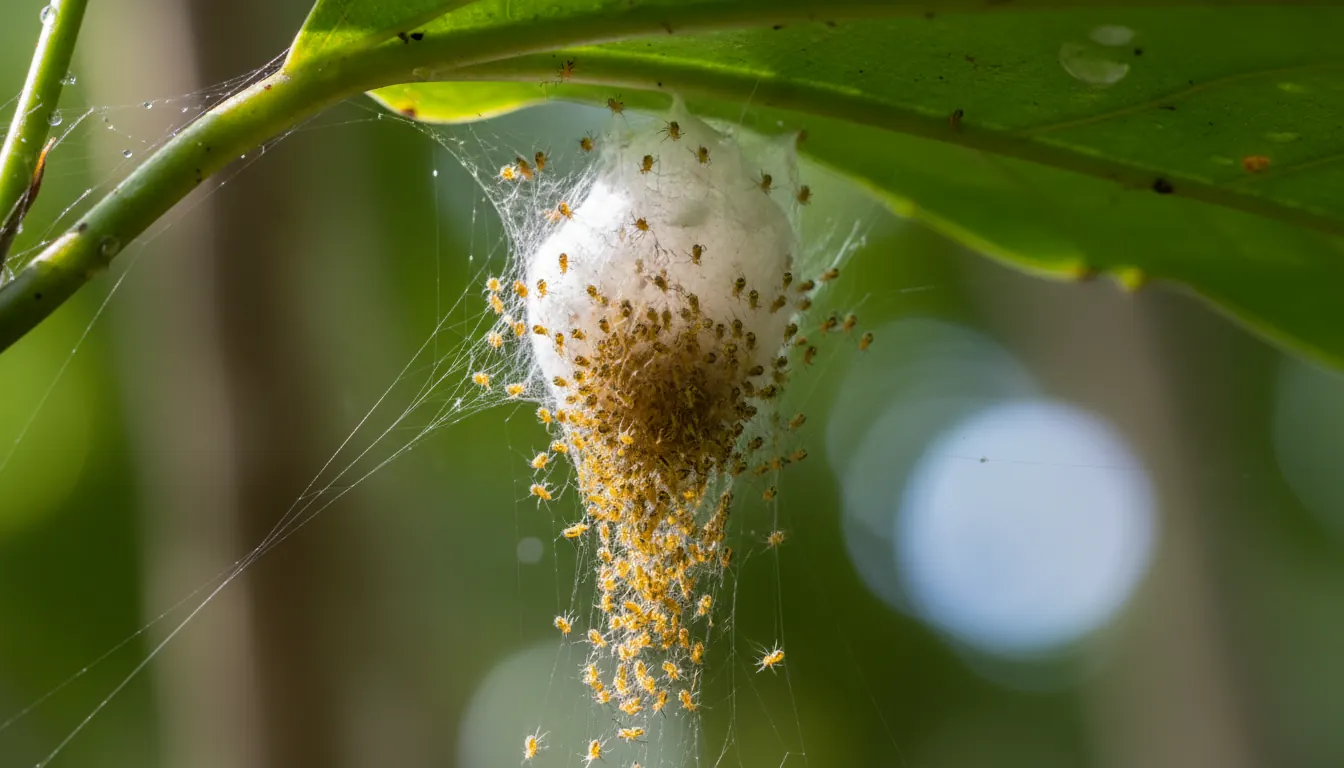 Tiny baby banana spider spiderlings emerging from silk egg sac on vegetation