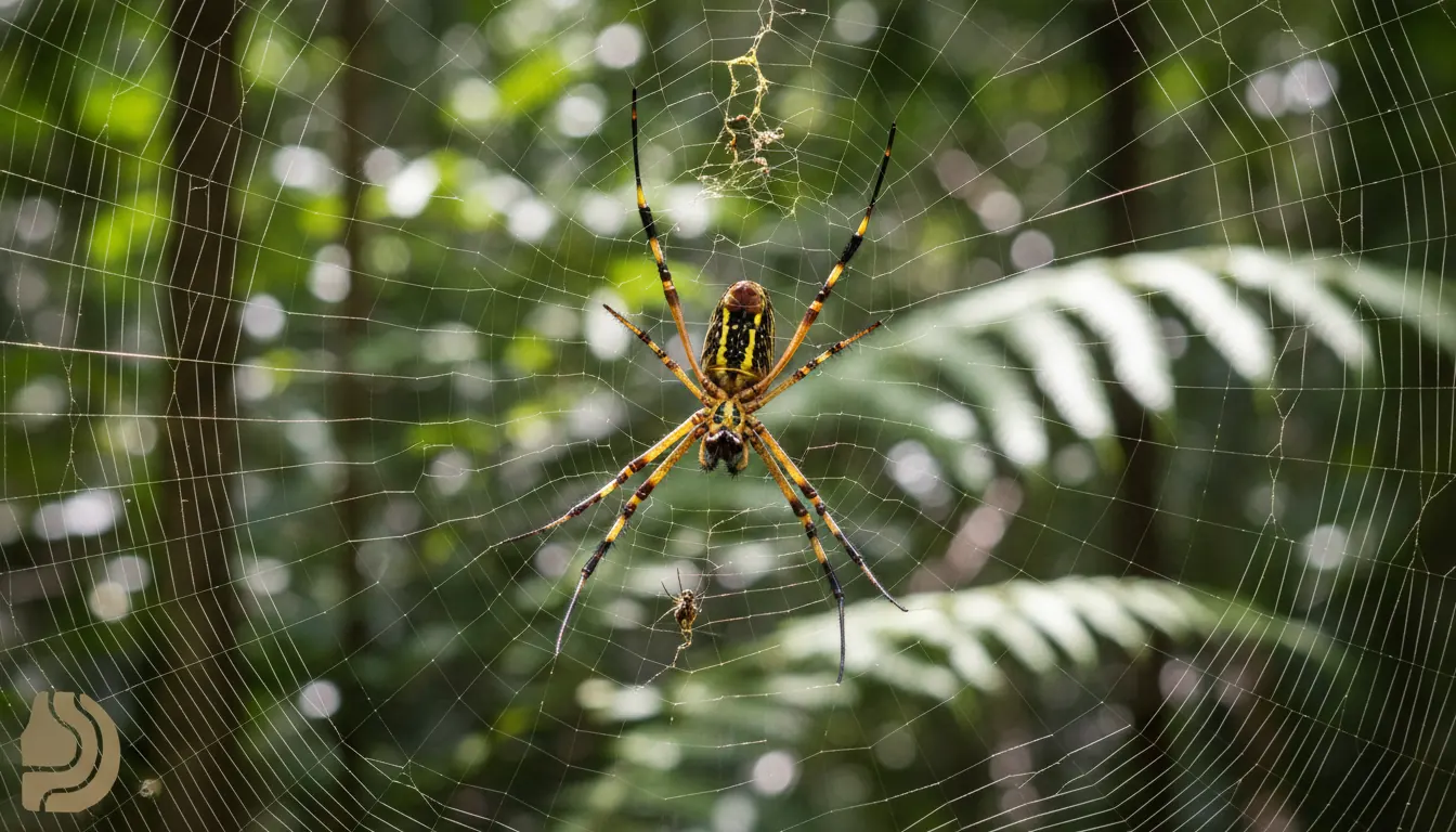 Female banana spider exhibiting golden coloring on web in natural habitat