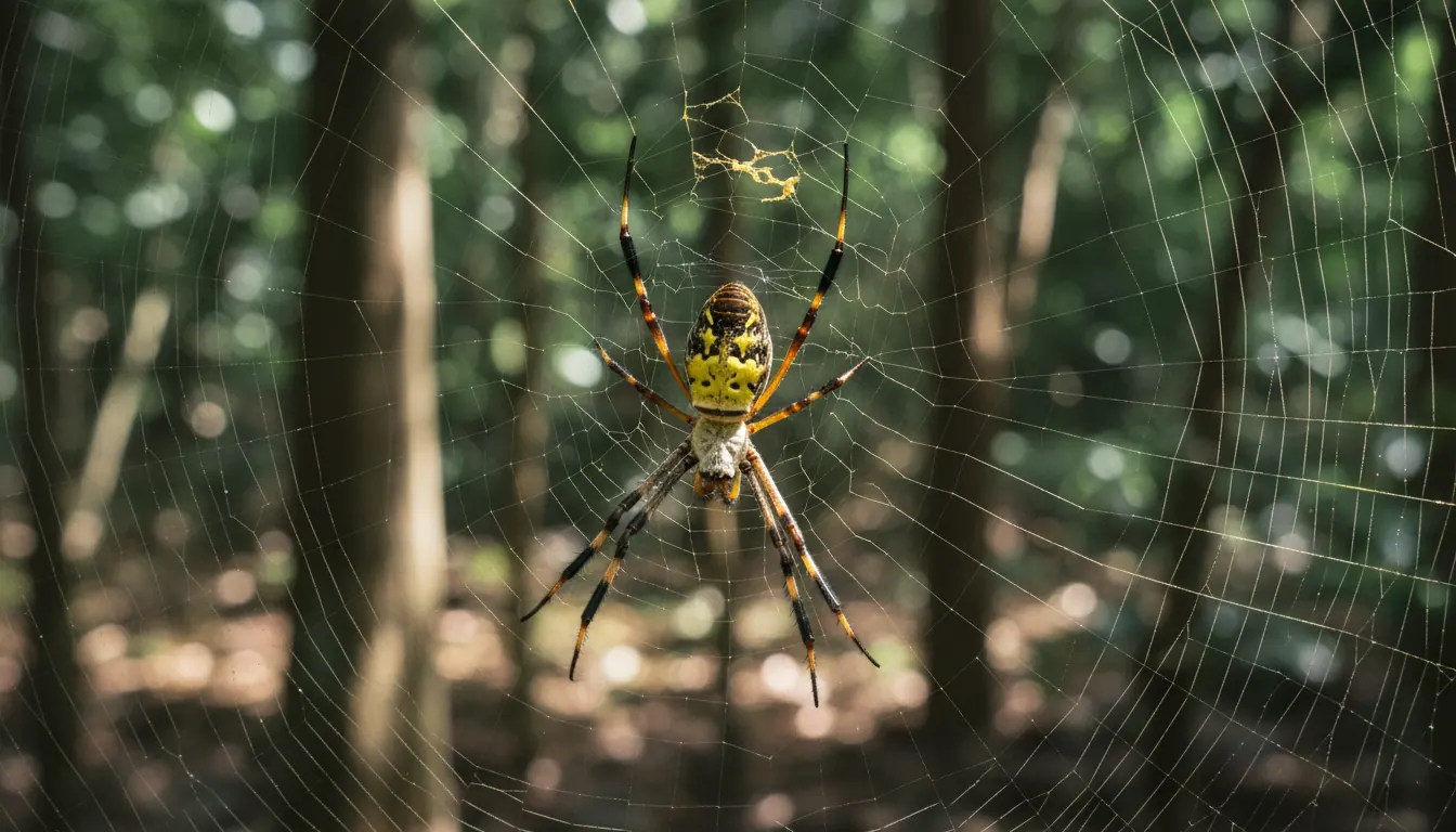 Large female banana spider with golden yellow body resting on web in forest