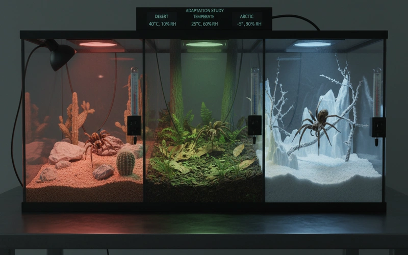 Brown recluse spider in temperature-controlled environment showing adaptation to various climate conditions