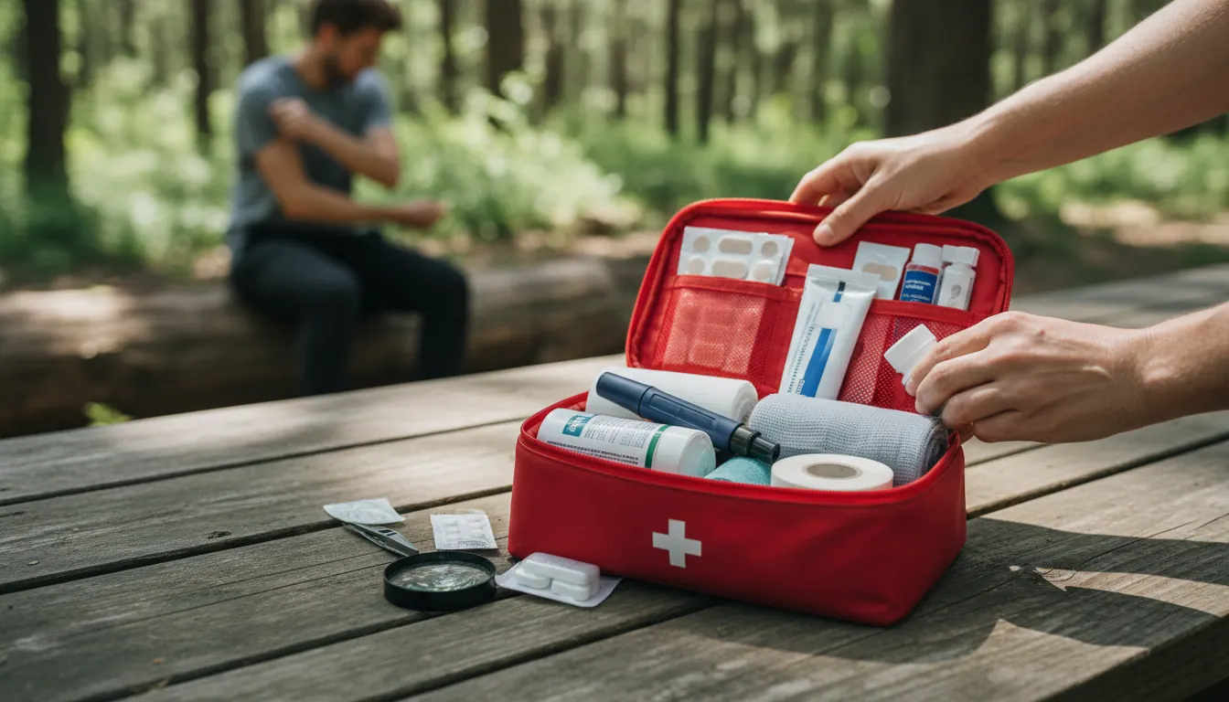 First aid kit containing essential medical supplies for treating spider bites and other minor injuries