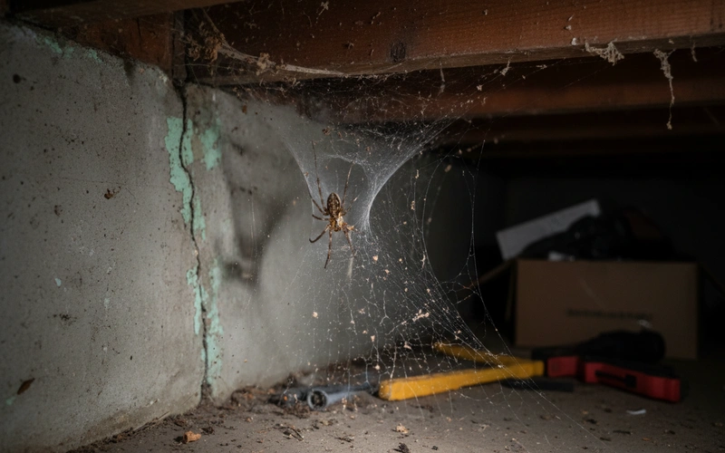 Hobo spider funnel web constructed in basement corner showing characteristic retreat structure