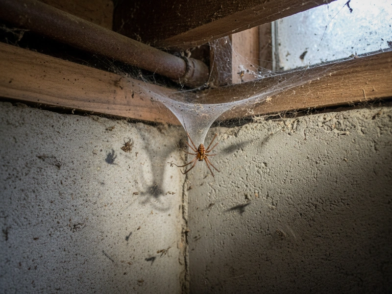 Hobo spider funnel web in a basement corner, typical habitat in the Pacific Northwest