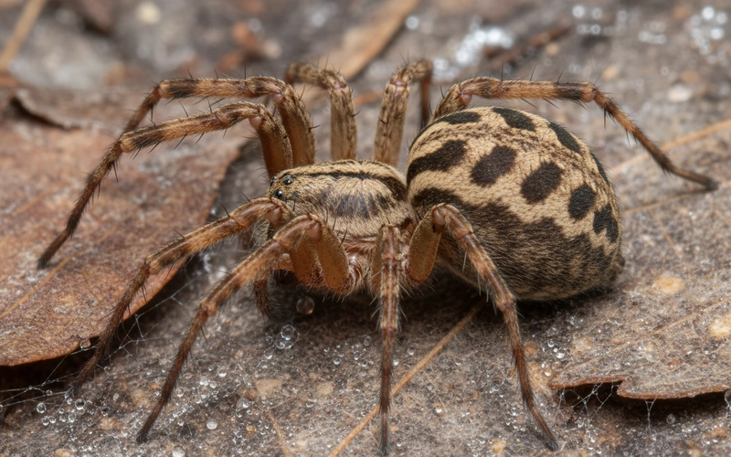 Close-up of hobo spider showing characteristic chevron patterns on abdomen and leg structure