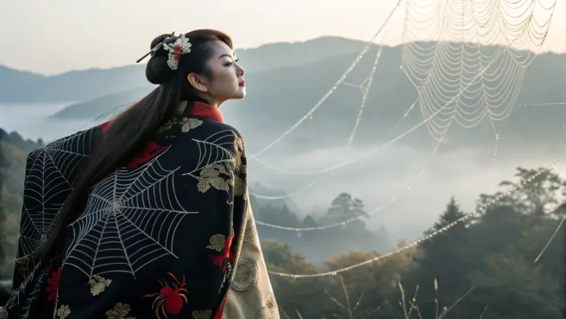 Traditional Japanese ukiyo-e art showing jorōgumo spider woman in kimono with web patterns in background