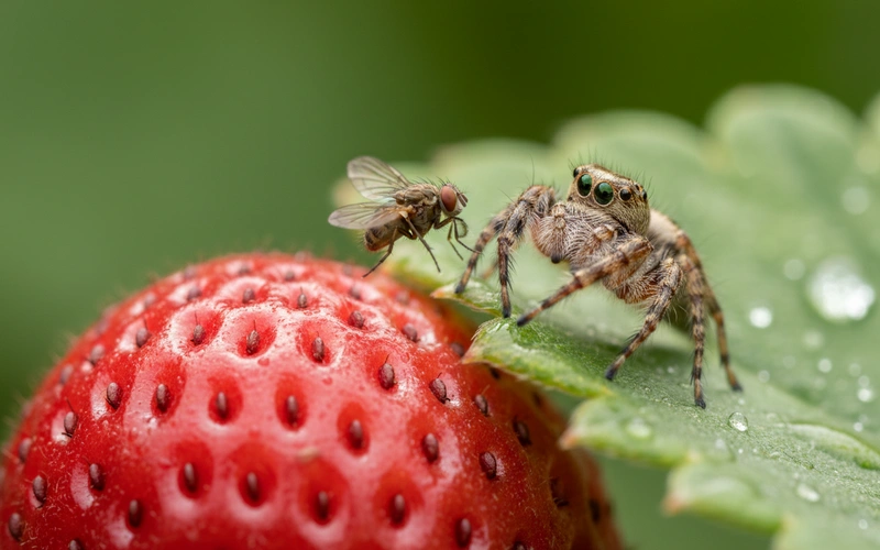 Jumping spider stalking and capturing fruit fly prey showing active hunting behavior