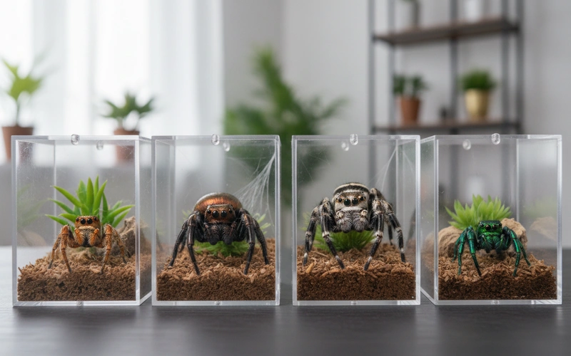 Collection of four different jumping spider pet species showing size and color variations