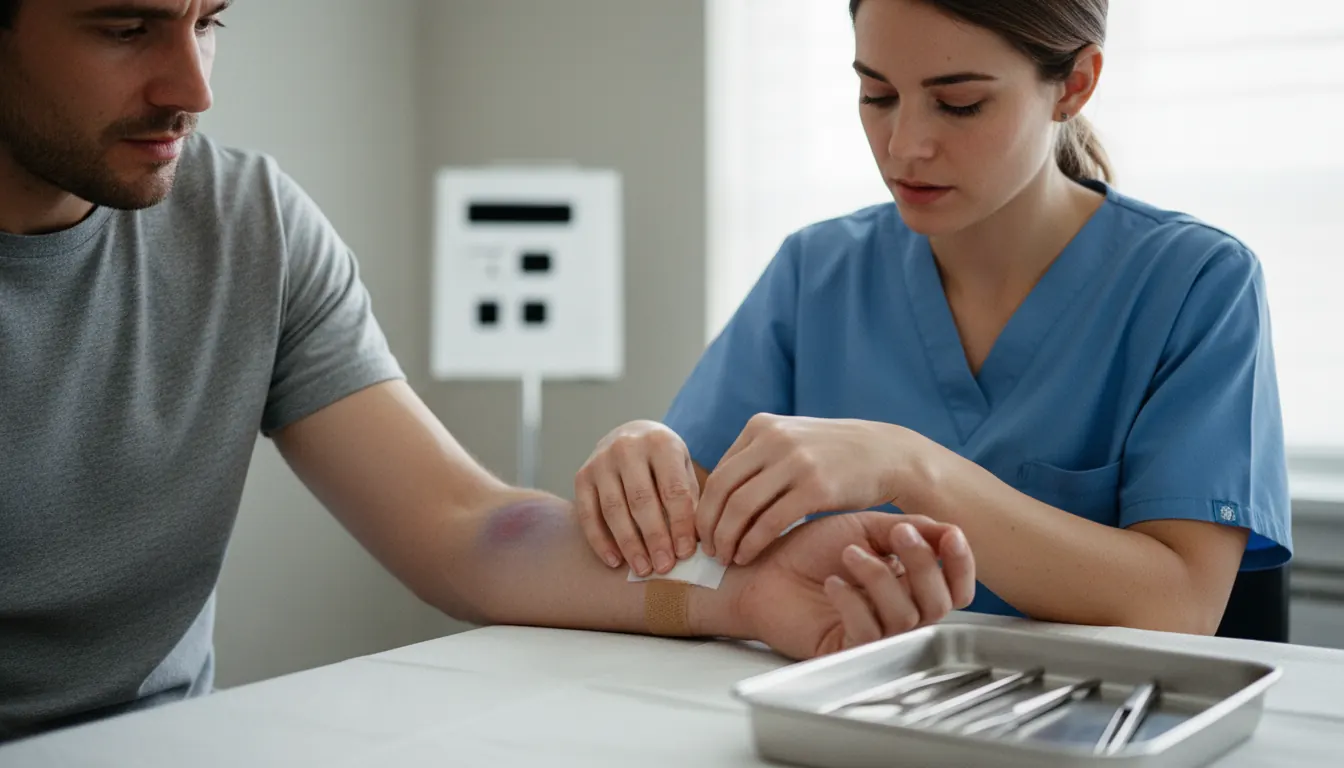 Healthcare provider examining and treating a patient's arm injury in clinical setting