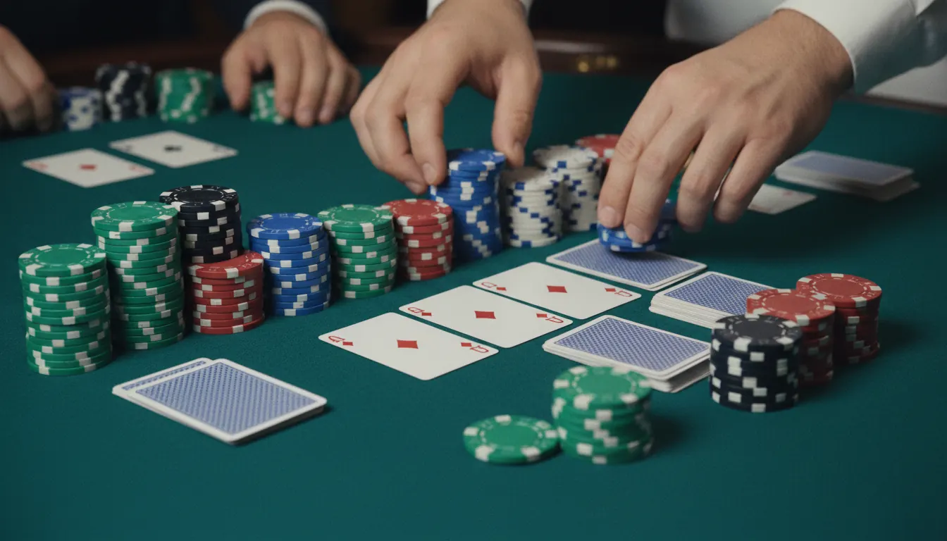 Casino chips stacked on green felt table with cards showing strategic gameplay