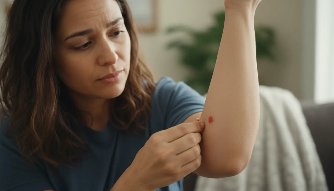 Person carefully examining a red mark on their arm in natural lighting