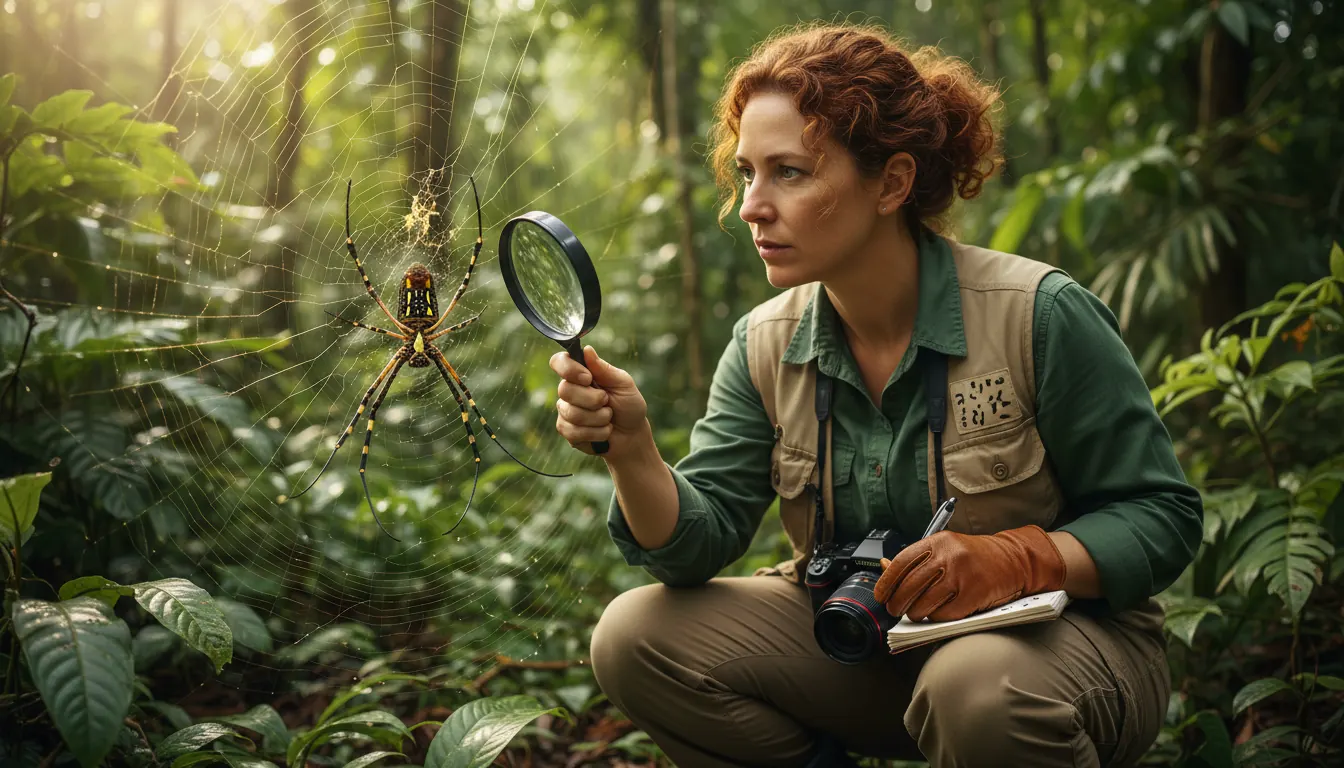 Researcher safely observing banana spider in natural environment for study