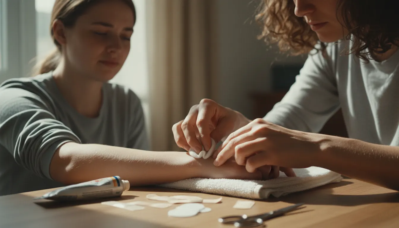 Person applying first aid treatment to minor wound demonstrating proper care technique