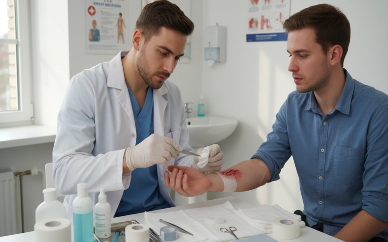 Healthcare provider demonstrating proper wound cleaning and dressing technique for suspected bite injury