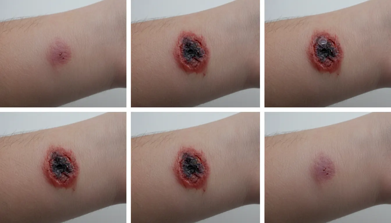 Medical documentation showing spider bite progression from initial mark through healing stages over two weeks