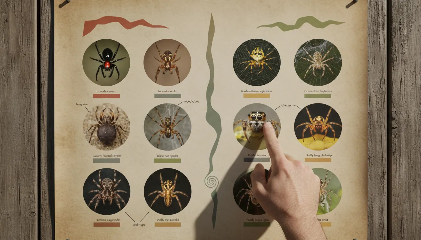 Detailed spider identification chart showing venomous and non-venomous species with key distinguishing features