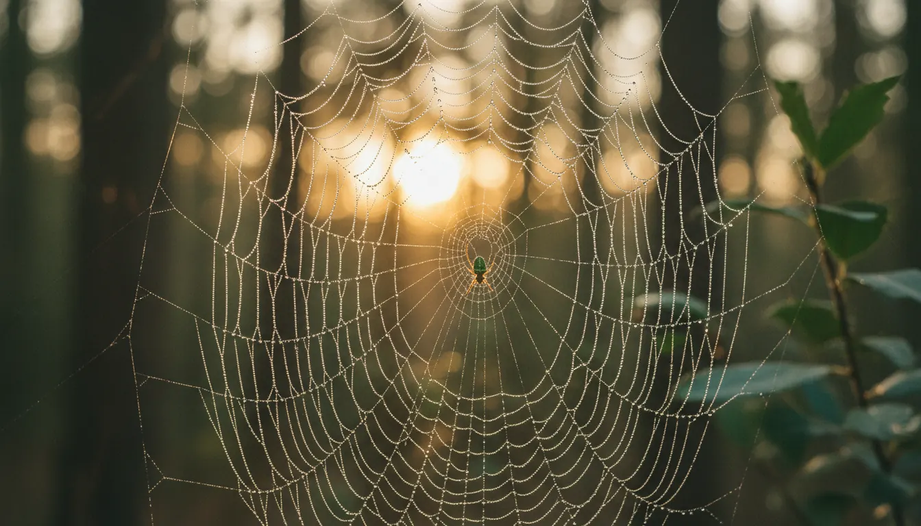 Intricate spider web covered with morning dew drops glistening in sunlight