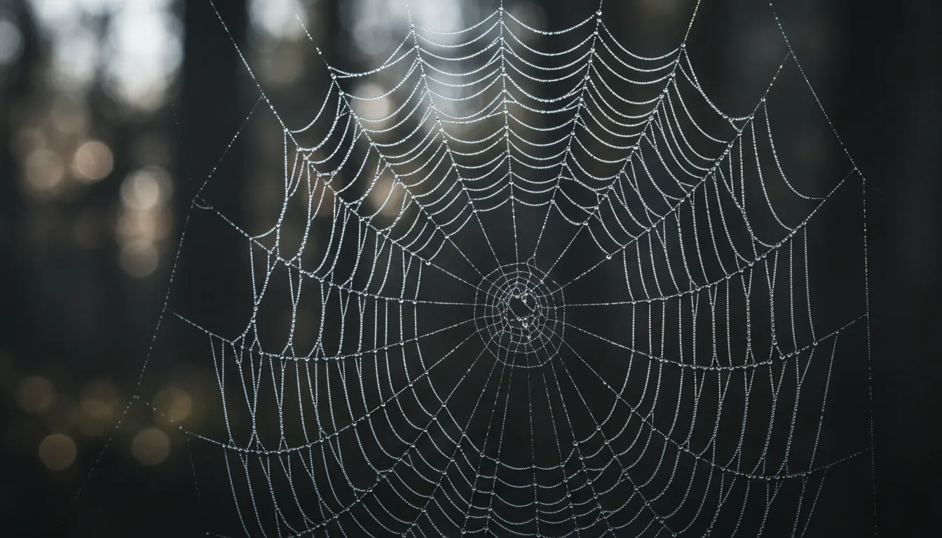 Close-up of intricate spider web covered in morning dew droplets against dark background