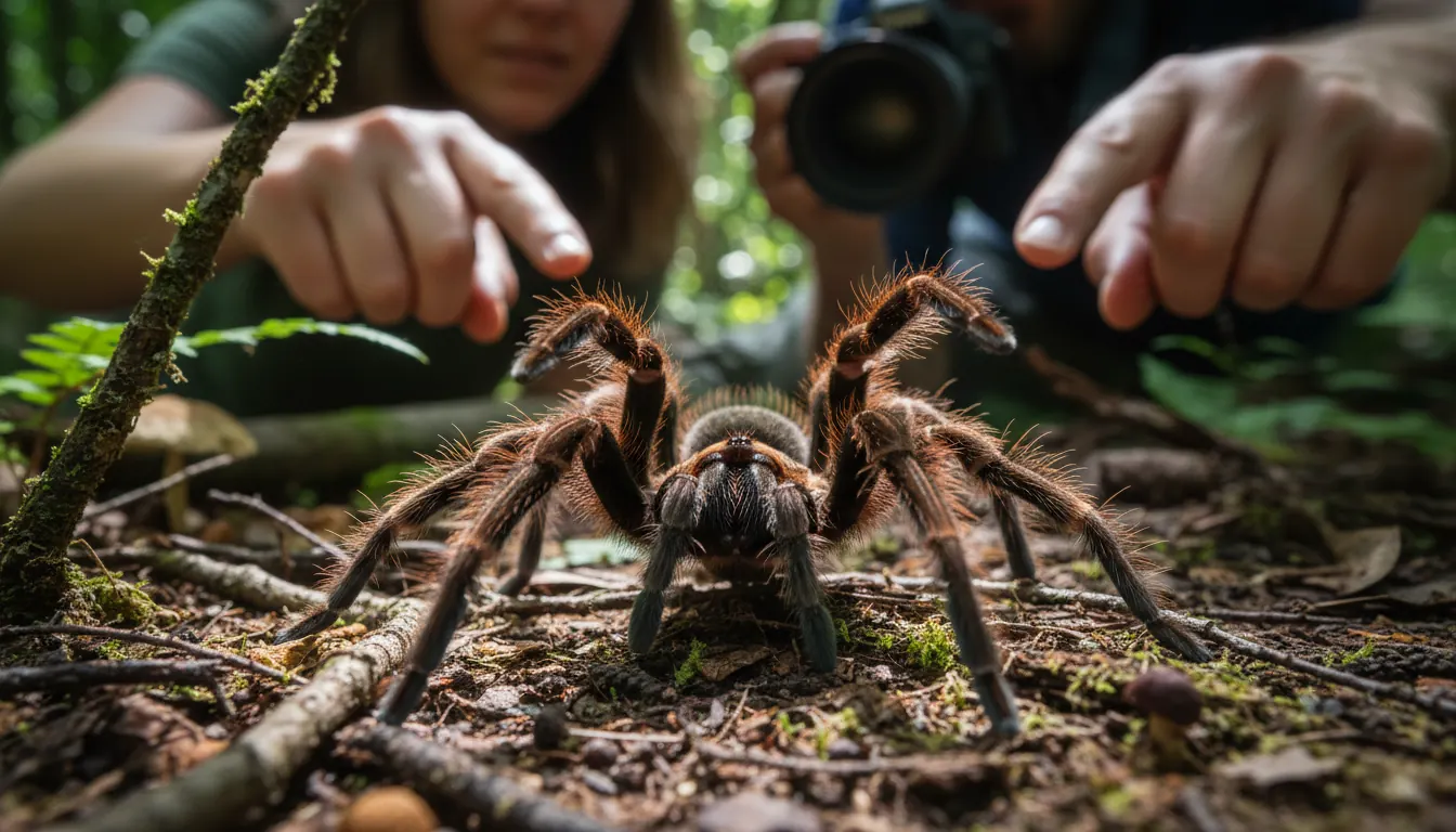 Large tarantula spider in defensive hunting position on forest floor