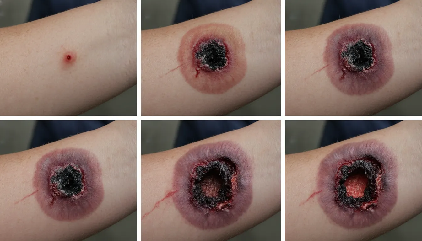 Medical documentation showing typical progression stages of venomous spider bite symptoms on human skin