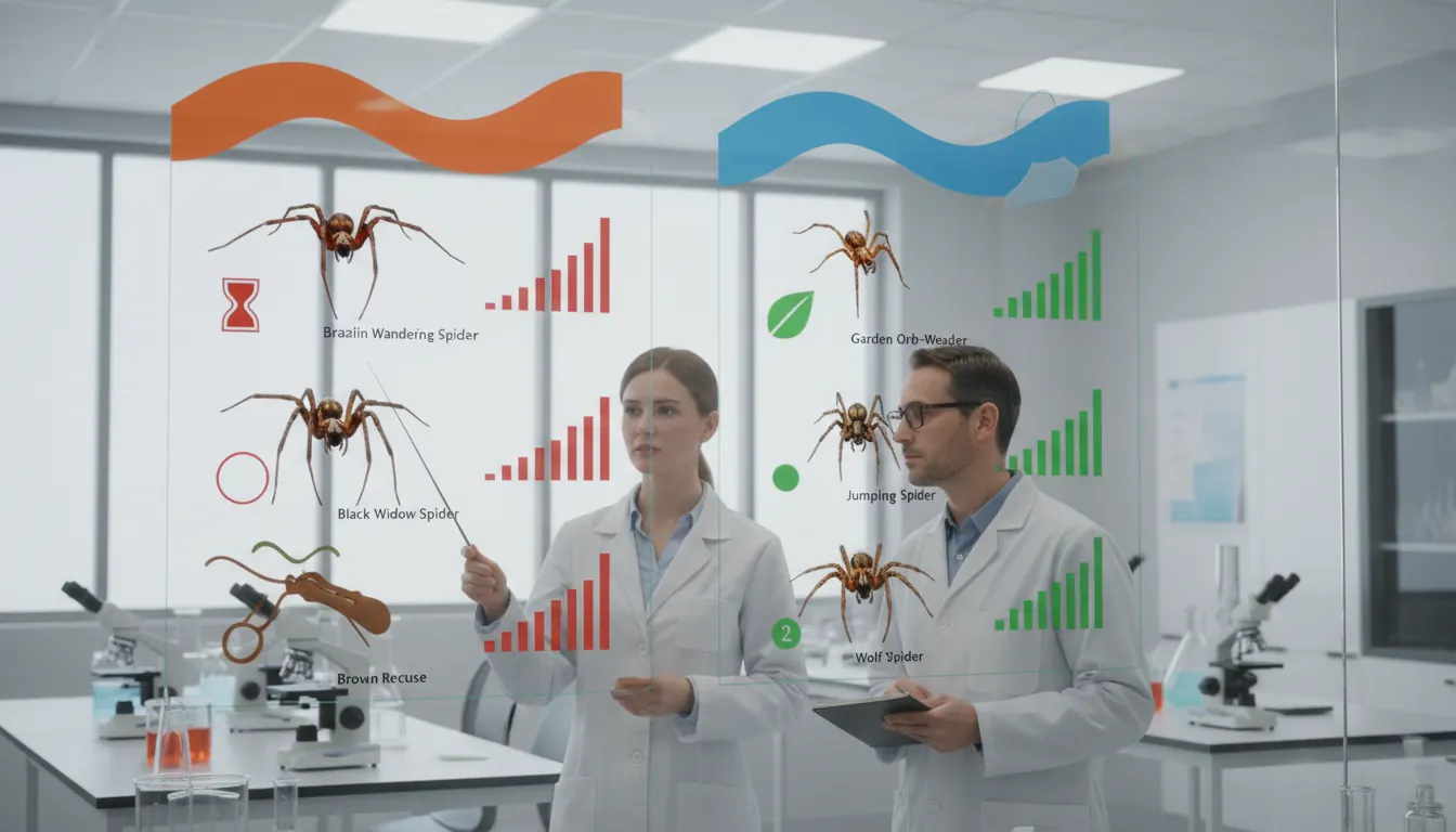 Scientific comparison chart showing venomous and non-venomous spider species with danger ratings