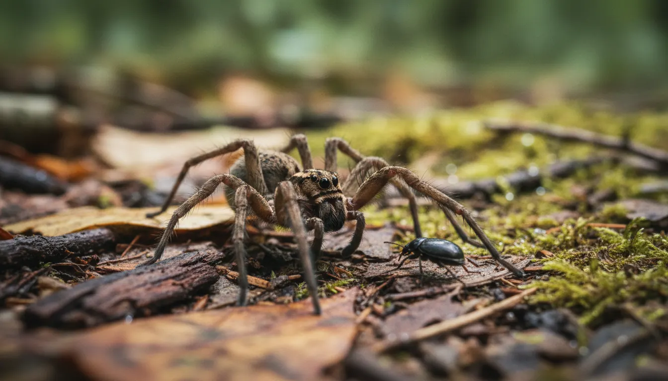 Wolf spider in hunting position on natural ground surface showing active stalking behavior
