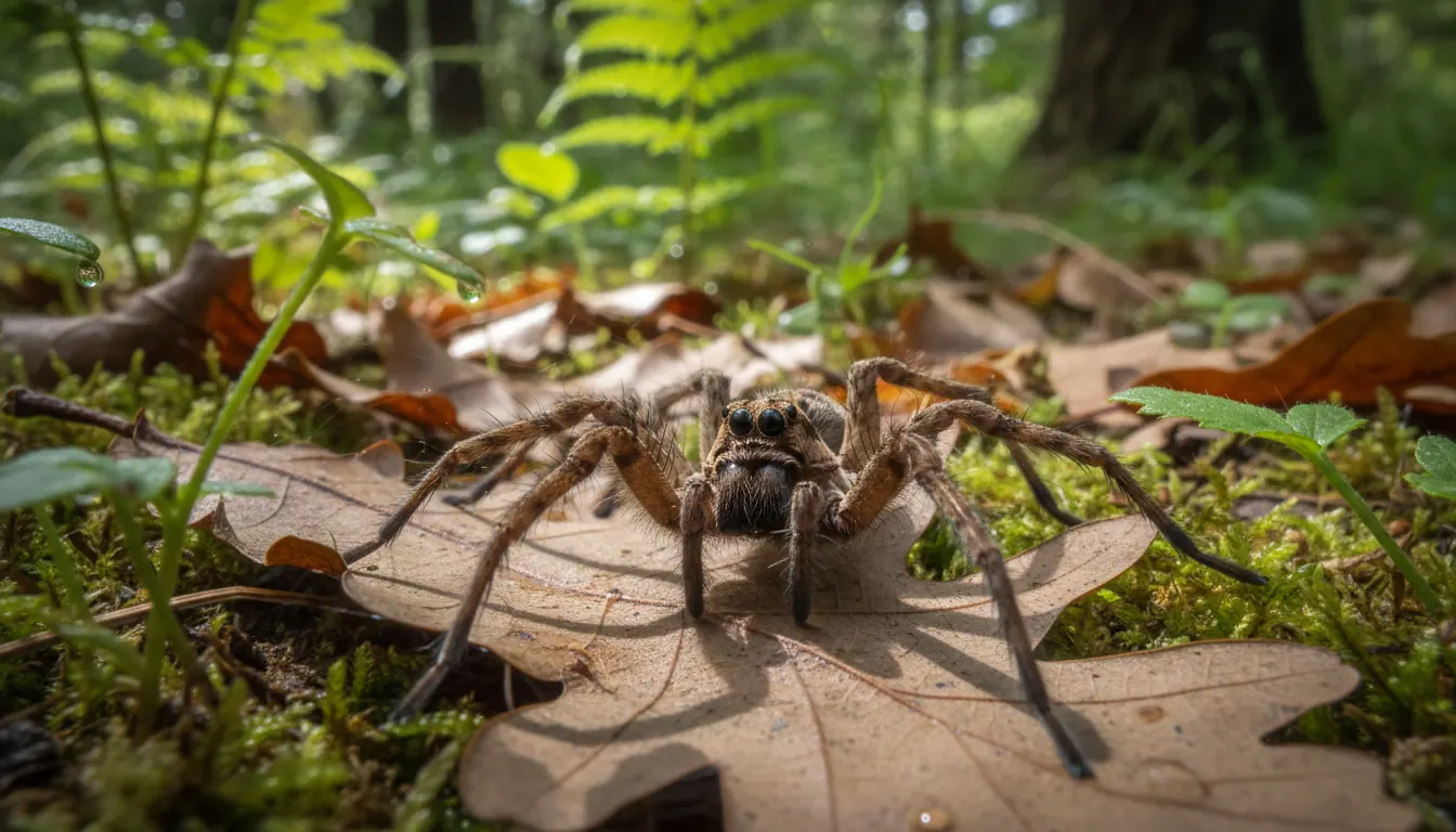 Wolf spider in natural forest floor habitat among leaves and vegetation