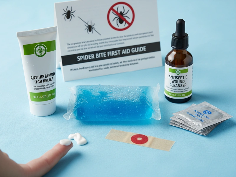 Medical treatment supplies for spider bite including cold compress, antiseptic, and antihistamine cream