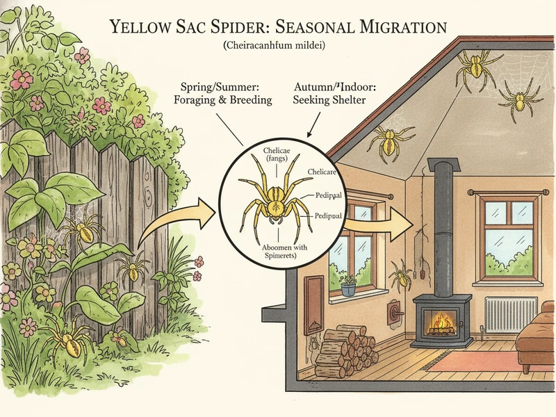 Illustration showing yellow sac spider seasonal migration patterns from outdoor to indoor environments