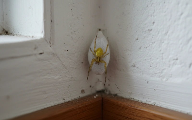 Yellow sac spider beside its characteristic white silk retreat pouch in wall corner